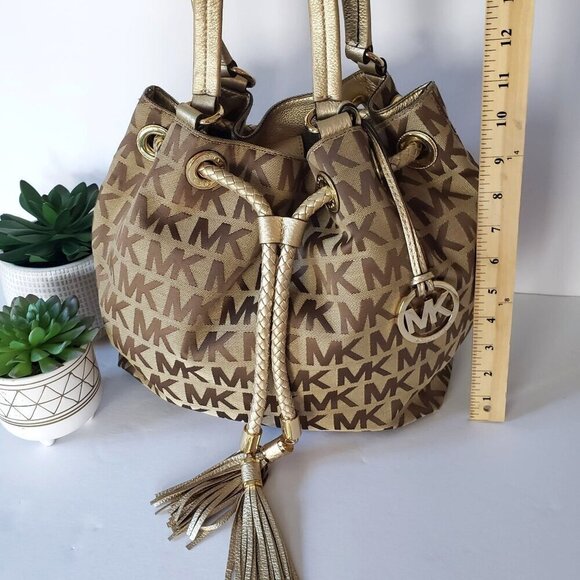 Michael Kors Jet Set Large Signature Gathered Hobo Satchel Tote Gold and Brown - Picture 9 of 16